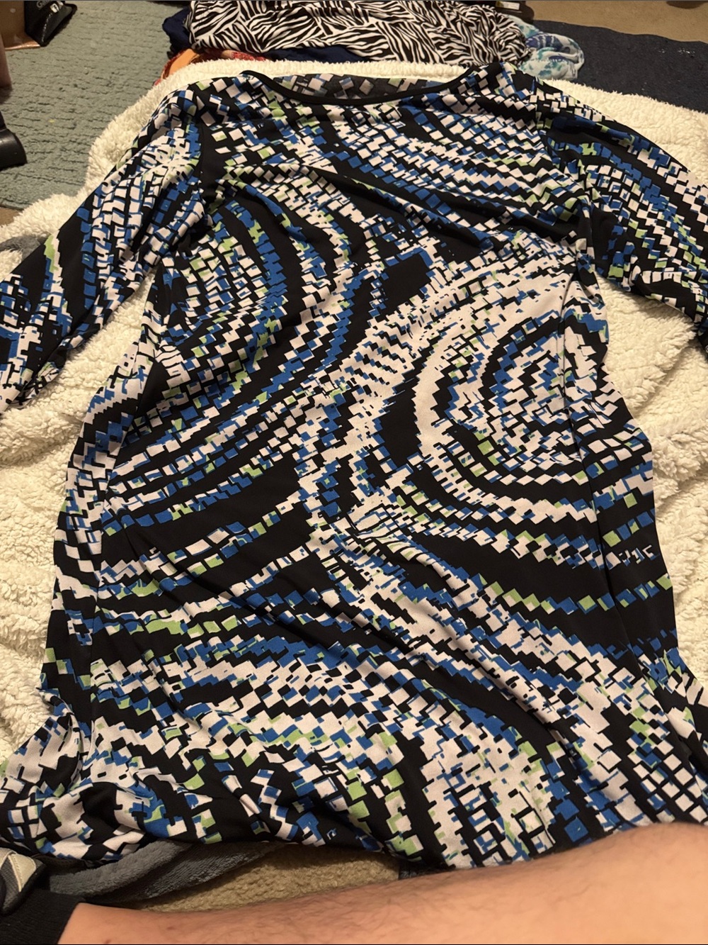Geometric Wave Long-Sleeve Dress - Blue/White/Black/Green